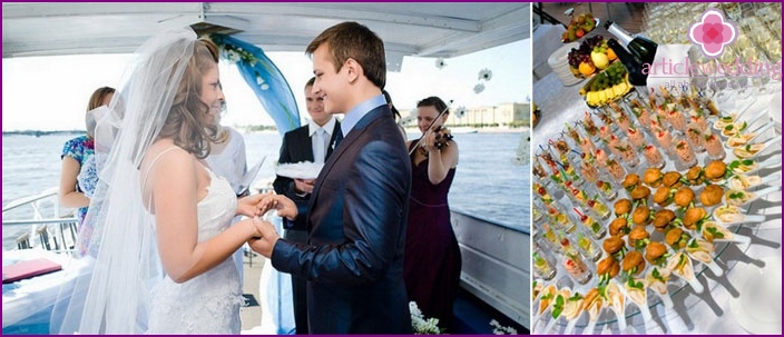 Banquete de casamento pequeno no barco