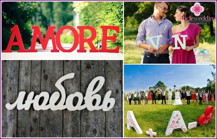 Varieties of letters and inscriptions for a wedding photo shoot