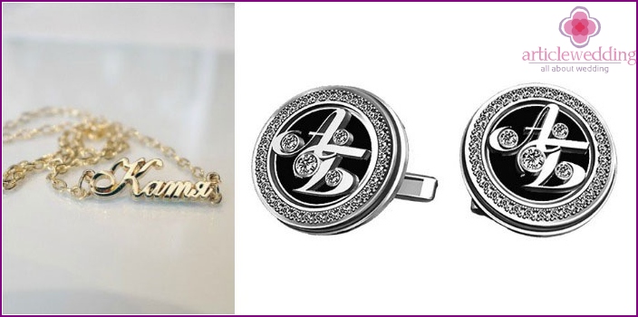 Name pendant and cufflinks for zinc anniversary