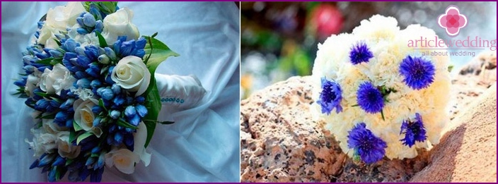 White and blue bouquets of the bride