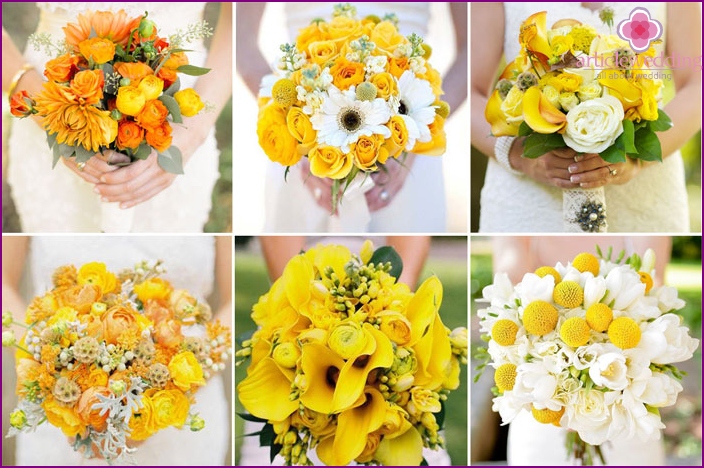 A variety of options for a honey-yellow bridal bouquet
