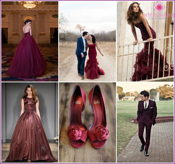 The image of the newlyweds at the wedding color of Marsala