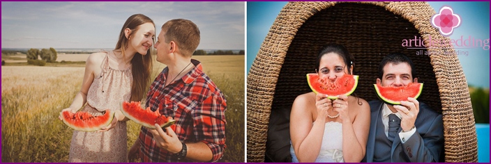 Ideas de escena para fotos de recién casados ​​en una boda de sandía