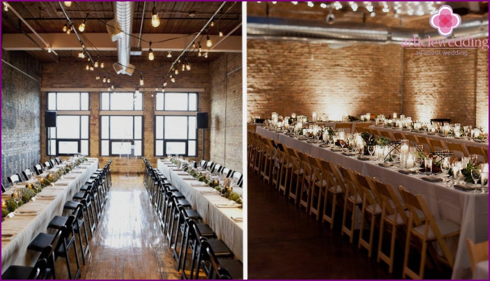 Decorazione della sala per matrimoni in stile loft