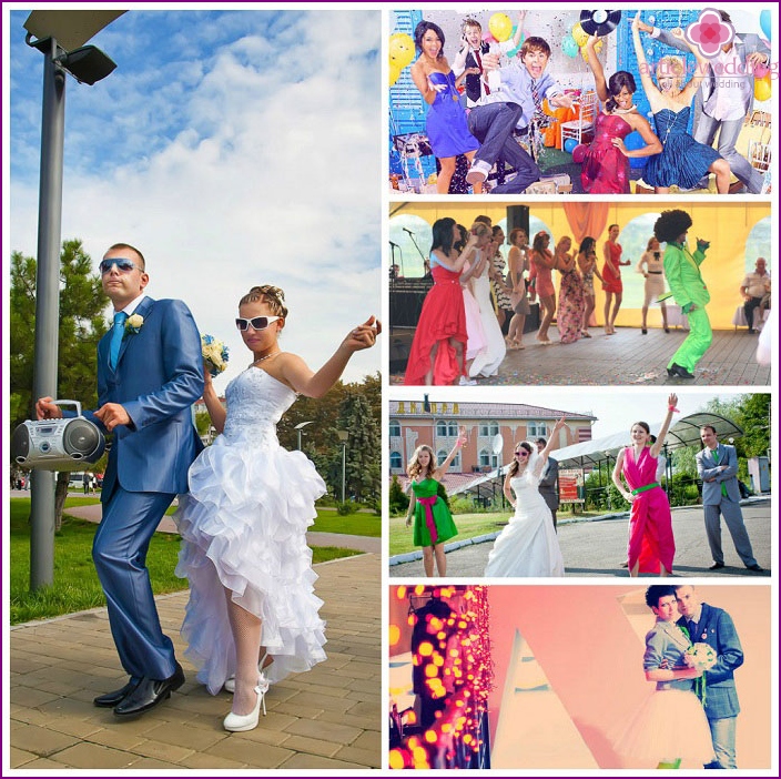 Sessão de fotos de casamento no estilo de discoteca