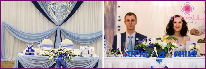 Decoração de uma sala de banquetes para um casamento Gzhel