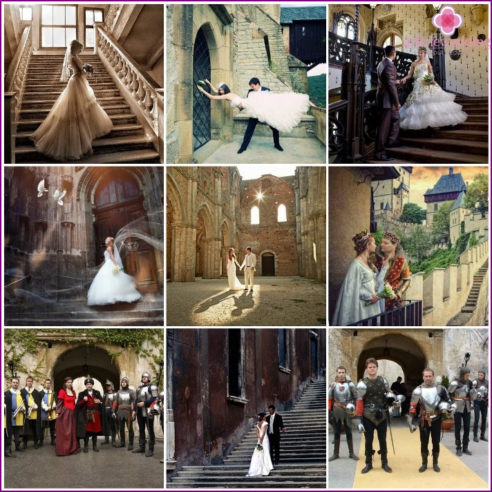 Photoshoot of the bride and groom in the castle