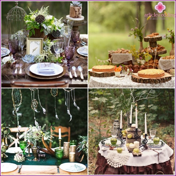 Decoração de mesa de casamento em estilo floresta