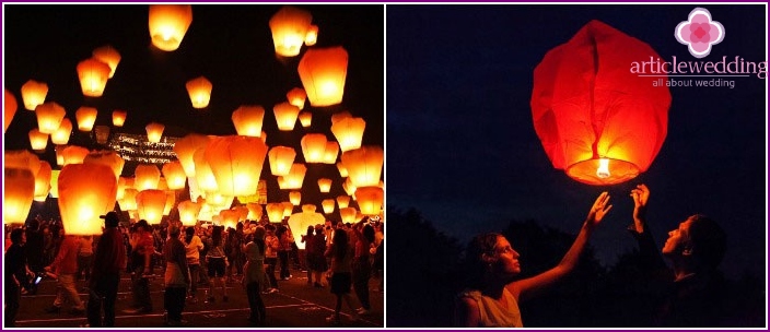 Launching lanterns at an oriental wedding
