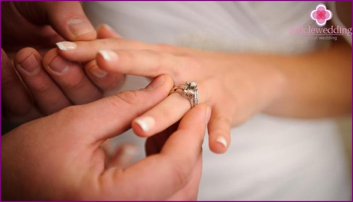 Groom puts a wedding ring on bride