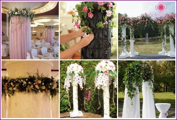 Floral decoration of columns for a wedding