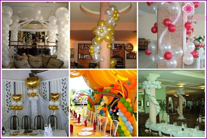 Décoration de colonnes avec des boules dans la salle de mariage