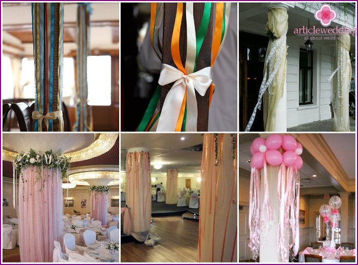 Column decoration with satin ribbons