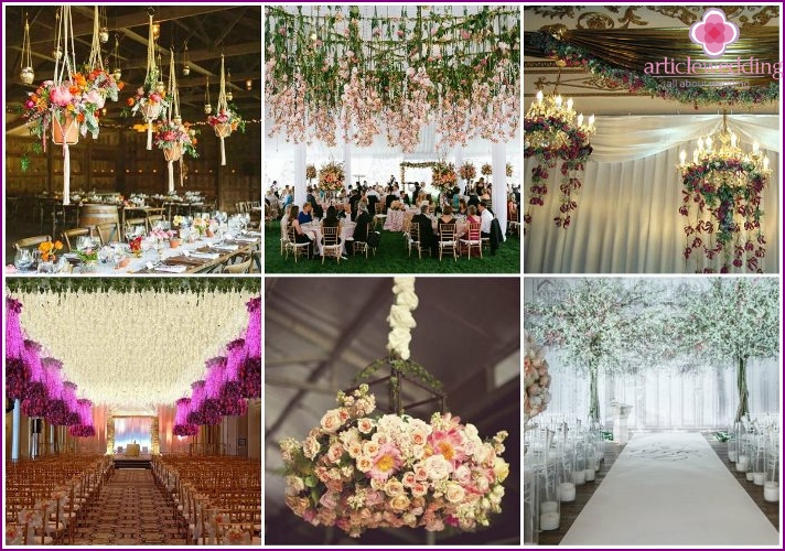 Flowers - a common decoration in the ceiling of a wedding hall