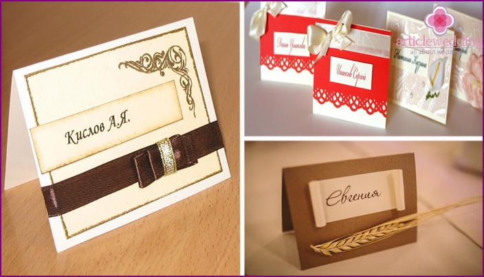 Seating cards for guests with a name