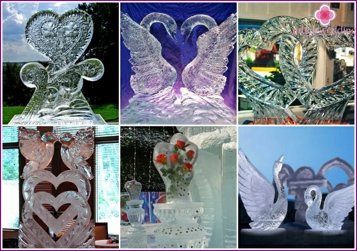 Ice sculptures in the form of a pair of swans or hearts