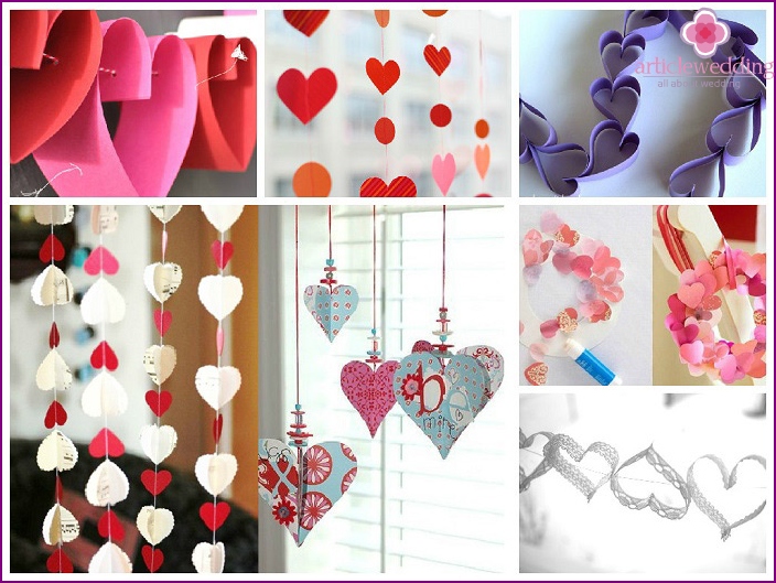Paper garlands of hearts for the room of the bride
