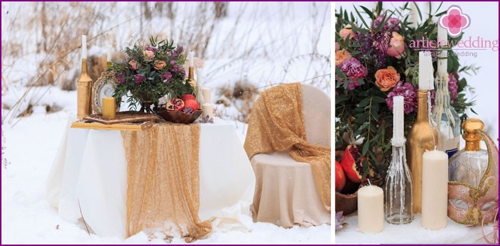 Decoração de casamento para a sessão de fotos de inverno