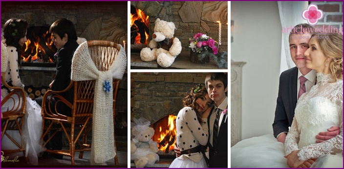 Winter wedding shots by the fireplace