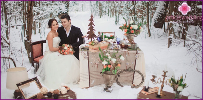 Fête d'hiver dans la nature pour une séance photo de mariage