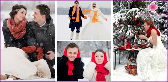 Scarf and mittens on winter wedding photo