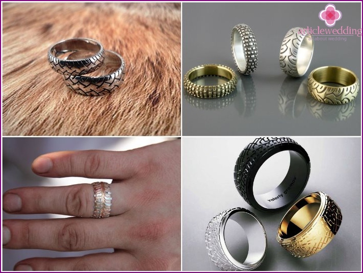 Wedding rings in the form of car tires.