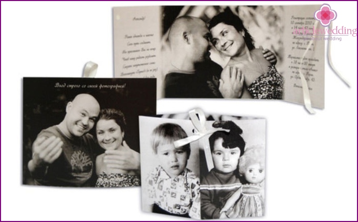 Invitation cards with children's photos of the newlyweds