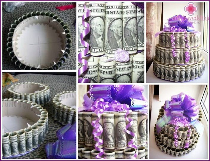 كعكة مصنوعة من المال لصورة الزفاف