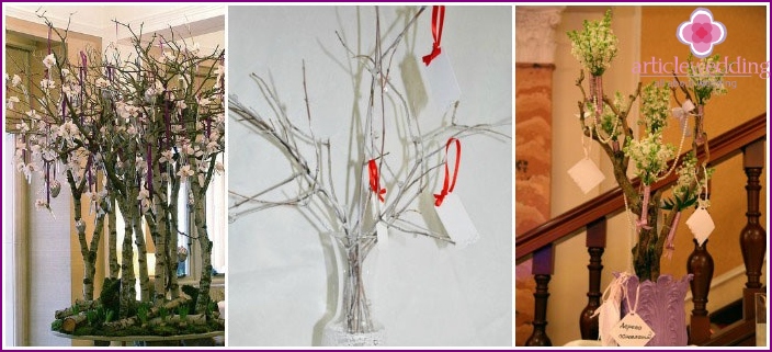 Wedding tree from living branches for parting words of guests