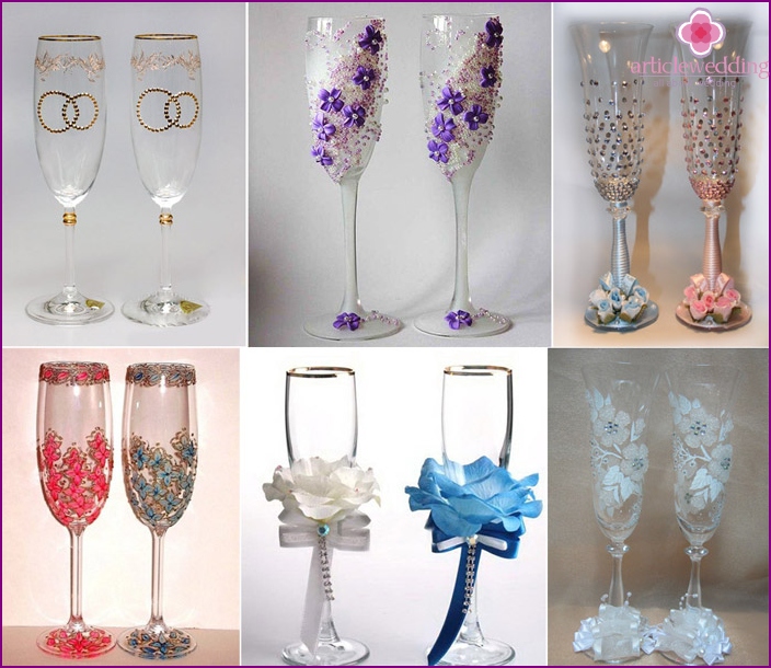 Different styles of wine glasses decoration for the wedding with rhinestones