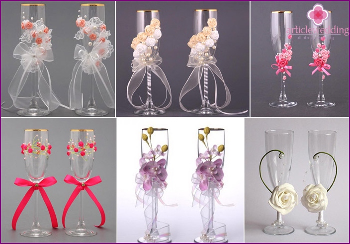 Decor of wine glasses for a wedding with beads and pastes