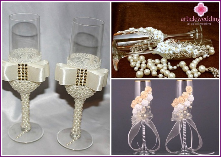 Glasses of young for a wedding with pearls