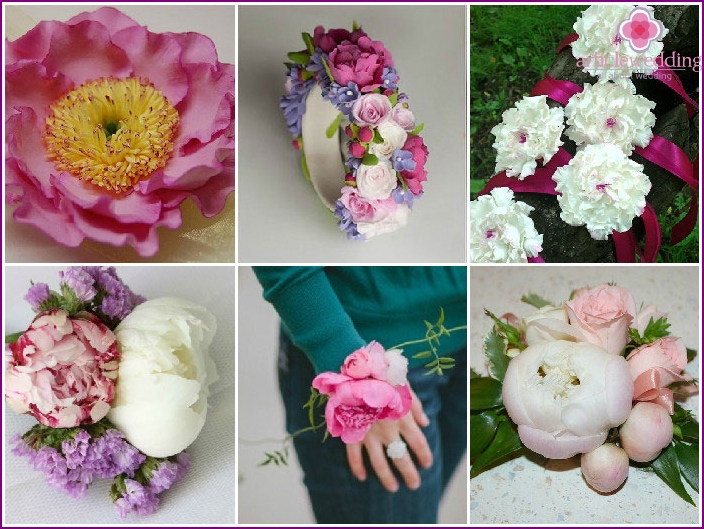 Bouquets on a hand with peonies for the witness