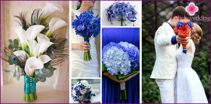 Bouquets with flowers and feathers.