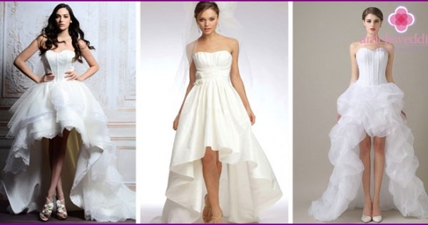 Abito da sposa corto frontale: modelli con un lungo strascico dietro