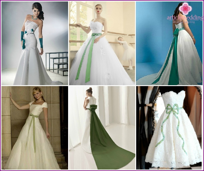 Zöld íj a menyasszony és a vőlegény fehér ruhája
