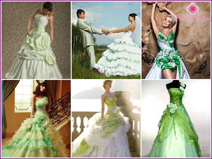 زي للعروسين مع زخرفة خضراء وكشكشة