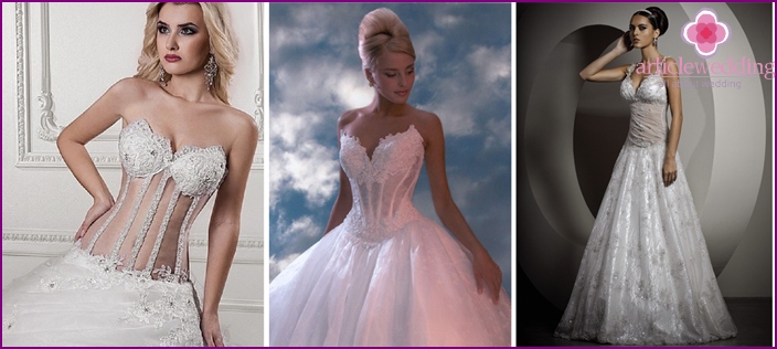 Models of wedding dresses with a transparent corset