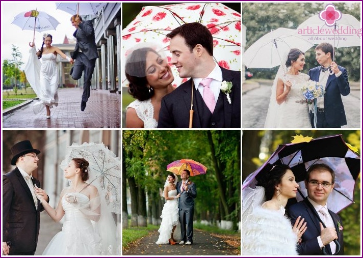 Wedding photos of newlyweds with umbrellas