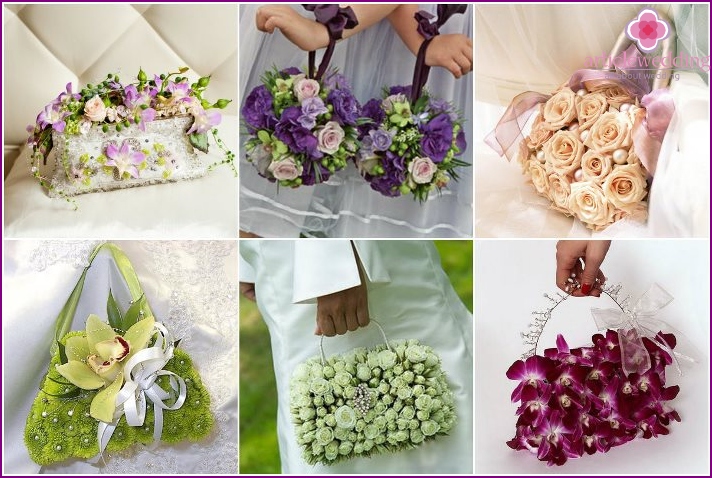 Décoration du sac à main de la mariée avec des fleurs fraîches