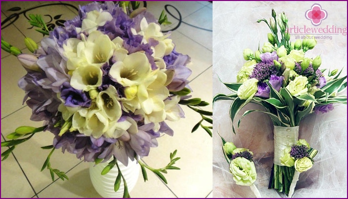 A combinação de frésia com lisianthus em um buquê de casamento