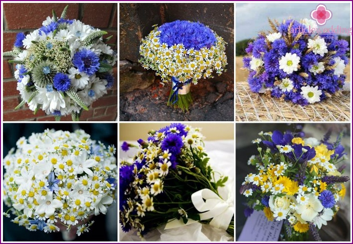 Bleuets avec marguerites dans un bouquet de mariée