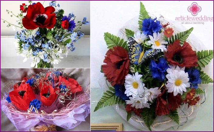 Bouquet de mariée à base de bleuets et de coquelicots