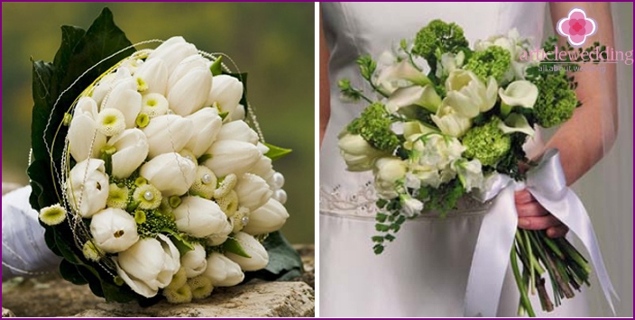 Tulipanes blancos con ramitas de vegetación para los novios