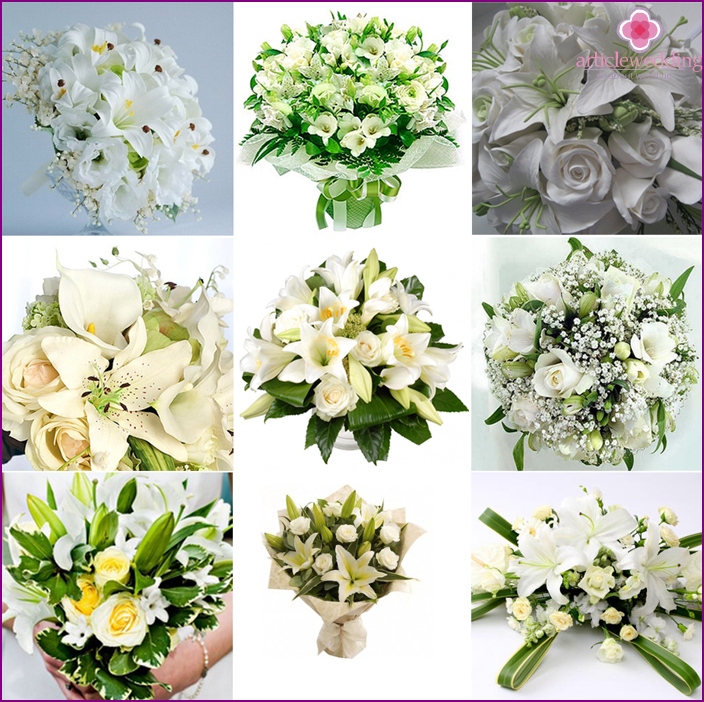 White roses, lilies, sprigs of greens for the bride