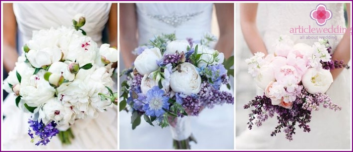 Branches lilas et pivoines pour un bouquet de jeunes mariés