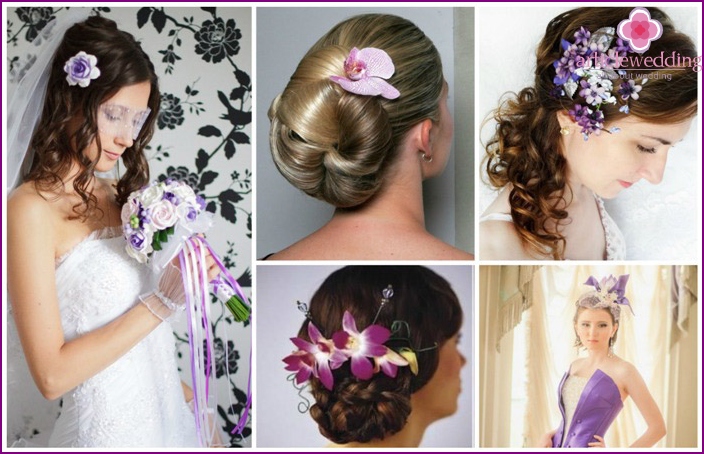 Hairstyle bride with purple flowers