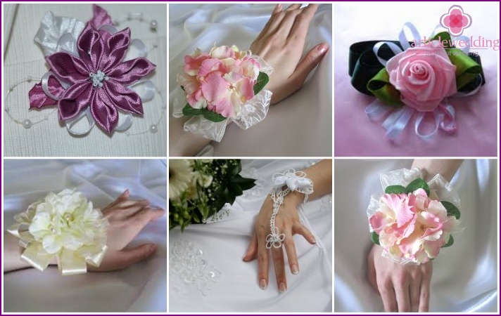 Artificial flowers in the bride's wedding bracelet