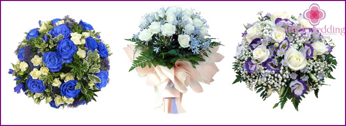 White roses in a blue bouquet for the bride
