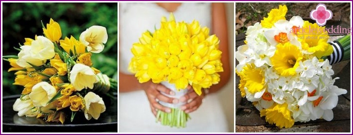 Yellow tulips in a bride's bouquet